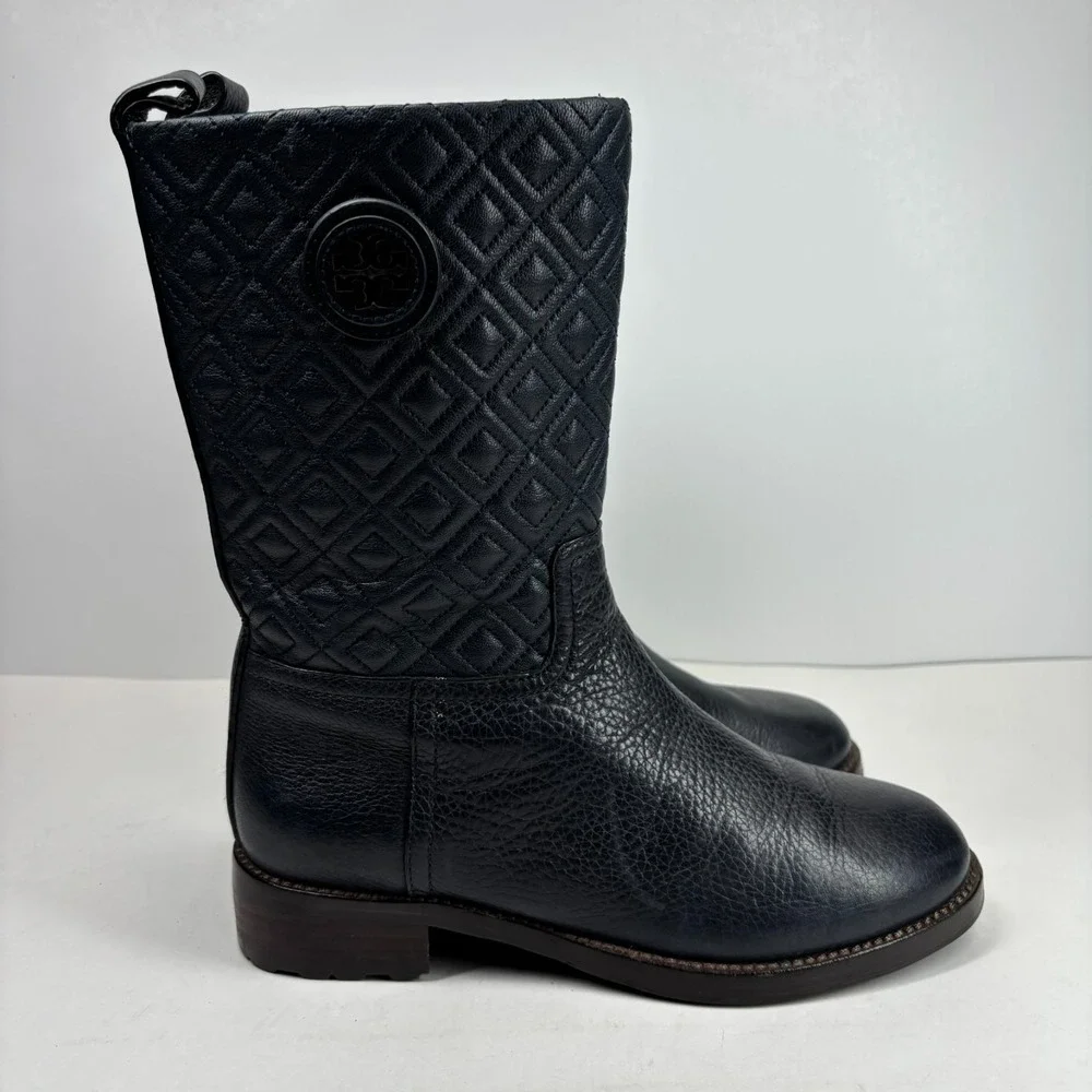 Tory Burch Marion Women's US 8M Quilted Black Leather Mid-Calf‎ Boots Equestrian